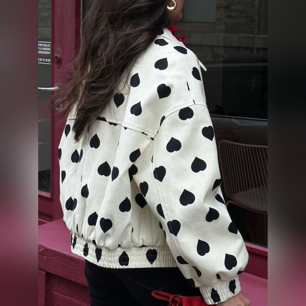 Heart Print Collared Neck Zip-Up Jacket - Picture 6 of 9